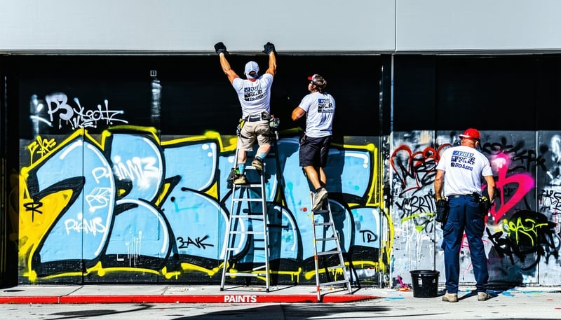 P3 Painters team removing graffiti from a building wall in Los Angeles P3 Painters team removing graffiti from a building wall in Los Angeles